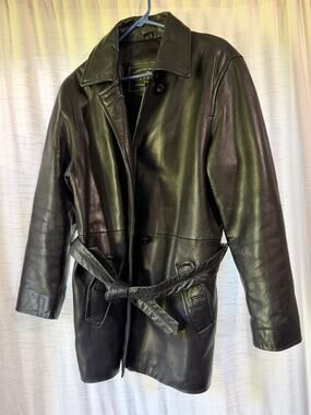 Vintage Express Black Leather Trench Coat Jacket Belted Medium 1990s Goth Matrix